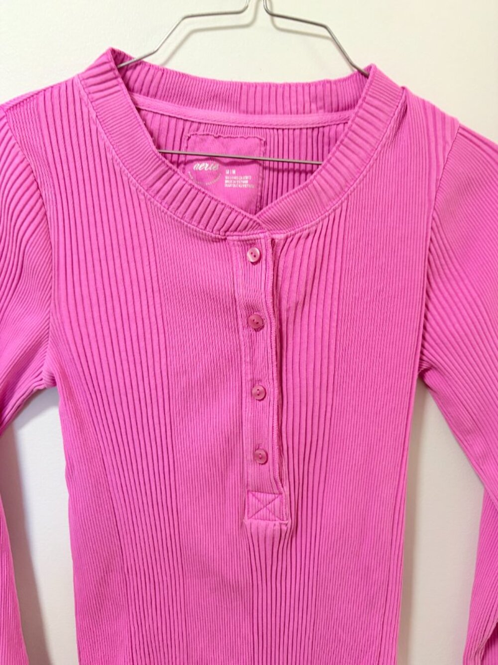 Aerie Road Trip Long Sleeve Rib Henley T-Shirt Bright Pink Fuschia Cozy Lounge - Picture 6 of 12